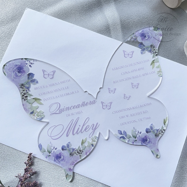 Lavender Floral Butterfly Acrylic Quinceañera Spanish Invitation, Personalize Your Modern Violet Sweet 15 Acrylic Free Preview Available image 1