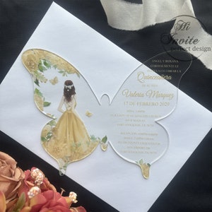 Gouden jurk quinceañera-uitnodiging voor meisje en bloem, uitnodiging Sweet 16 vlinders, personaliseer 15 Anos-uitnodiging {gratis voorbeeld beschikbaar}