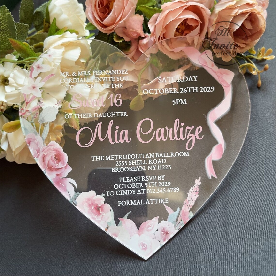 Pink Invitations Heart Heart Shaped Invites Light Pink Bows Quinceañera Invitation, Acrylic ...