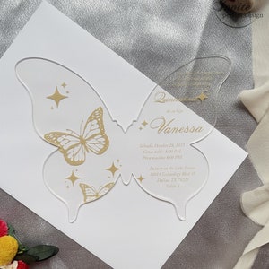 Gold Butterfly & Sparkly Star Acrylic Quinceañera Invitation, Customized Sweet 15 Invite, Modern Mis XV Anos Invite {Free Preview Available}