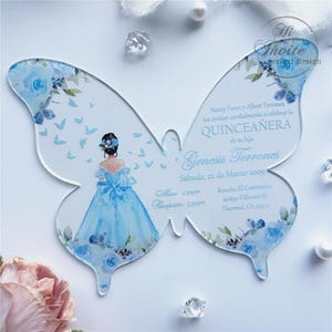Uitnodiging quinceañera babyblauw roze vlinder, lichtblauw acryl kweepeer Anos-uitnodiging, Mis XV Anos-uitnodiging {gratis voorbeeld beschikbaar}