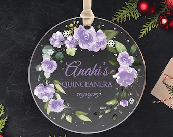 Sweet 15 Christmas Ornament | Elegant Clear Acrylic Ornament for Quinceañera | Personalized Violet Sweet 16 Ornament{Free Preview Available}