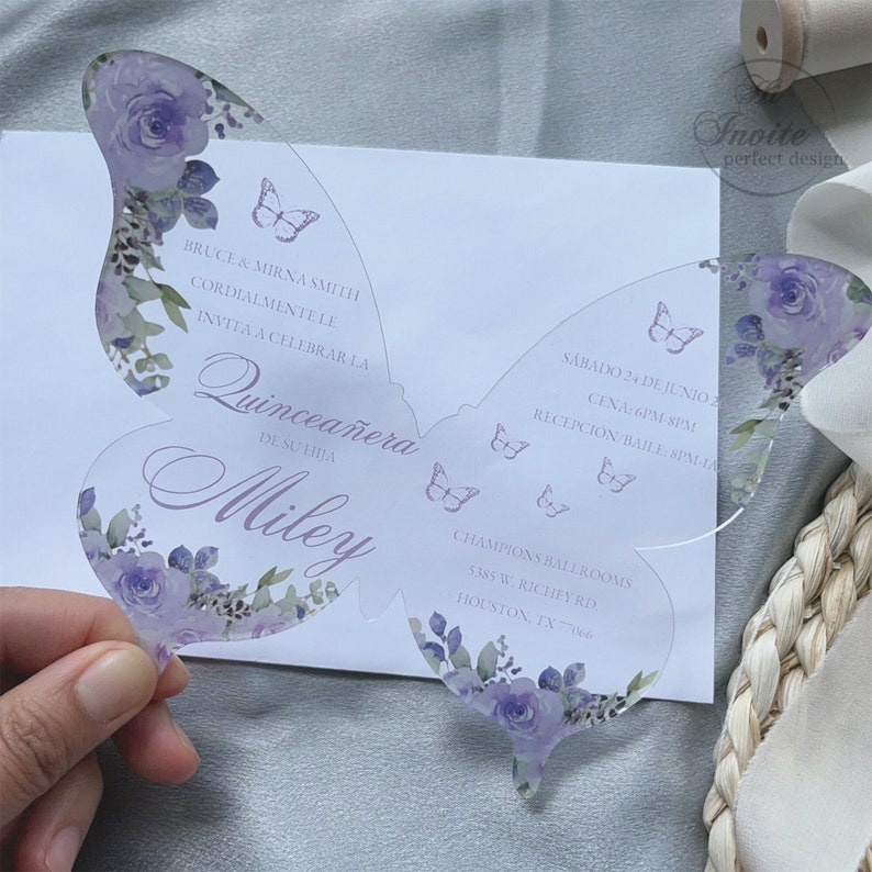 Lavender Floral Butterfly Acrylic Quinceañera Spanish Invitation, Personalize Your Modern Violet Sweet 15 Acrylic Free Preview Available image 7