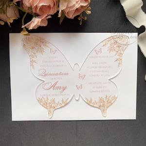 Aangepaste acryl vlinderuitnodiging voor meisje, roségouden bloemenvlinder verjaardagsuitnodiging voor Mis XV Años {gratis voorbeeld beschikbaar}