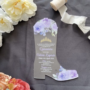Violet Boots&Flower Quinceañera acryl uitnodiging, lavendel schoenen acryl uitnodigen voor Sweet 16 verjaardagsviering {gratis voorbeeld beschikbaar}