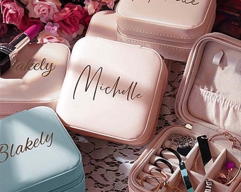 Personalized travel jewelry box, small square earring organizer, bridesmaid gifts box for sister, friend