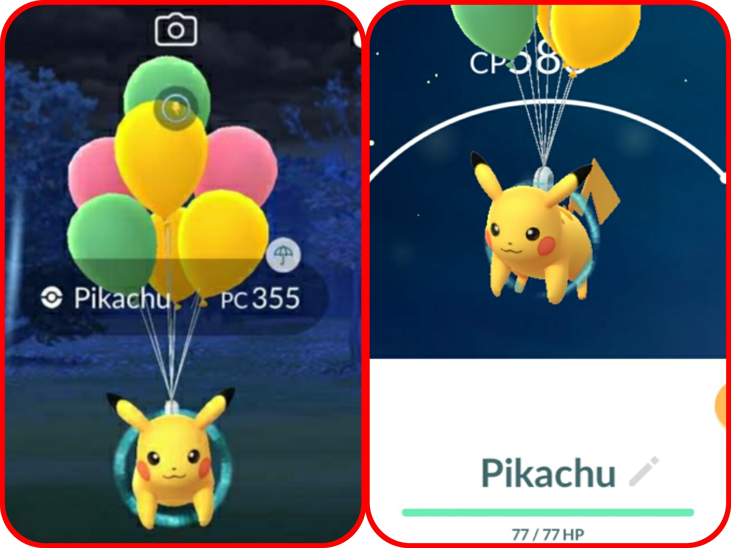 PokéMon Go Shiny Pikachu Flying With Green Balloons - trade 20k Stradust .