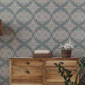 Victorian Floral Damask Peel and Stick Wallpaper in Blue and Silver Gray, Removable French Country Powder Room or Bedroom Accent Wall Decor