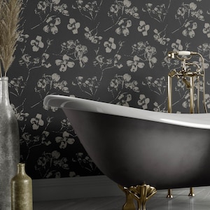 Moody Charcoal Black Floral Wallpaper for a Bold Modern Accent Wall or an Understated Vintage Interior
