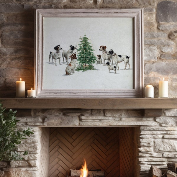 Dogs Around a Christmas Tree Vintage Wall Art, A Digital Download Art Print for Minimalist Holiday Mantle Decor in a Country Cottage Home