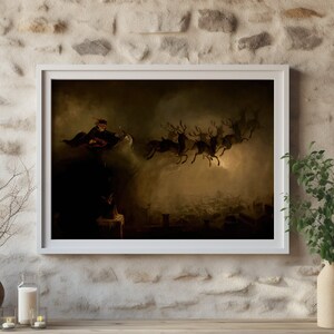 An 1800s oil painting digital art print of Santa Claus and his reindeer, vintage holiday decor with a moody aesthetic