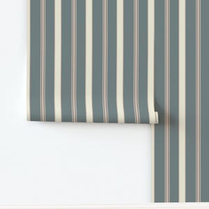 Blue-Green Stripe Removable Stripe Wallpaper, Peel and Stick or Pre-pasted, Vintage Blue-Green, Dusty Pink Stripes for Country Style Decor