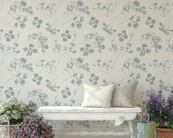 Ivory Botanical Wallpaper with Sage Green, Large Scale Florals for Organic Cottage-core Home Decor