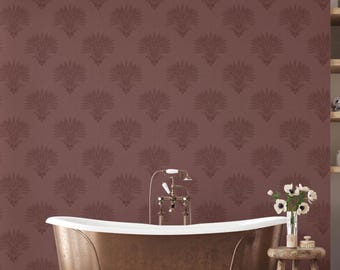 Brick Red Wheat Damask Wallpaper, Earthy Rustic Botanical Farmhouse Kitchen Wall Decor