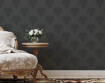 Black Wheat Sheaf Damask Wallpaper, Moody Vintage Botanical Wall Covering, Victorian Gothic Decor
