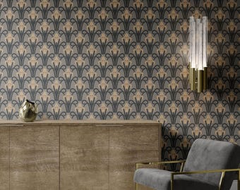 Warm Neutral Art Nouveau Floral Wallpaper for Moody Modern Home Decor