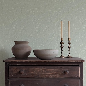 Sage Green Botanical Wallpaper: Willow Leaf Cottage-core Peel and Stick, Pre-pasted or Non-pasted Wallpaper