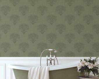 Olive Green Wheat Sheaf Wallpaper in Warm Earth Tones for Rustic Country Cottage Decor