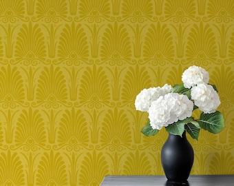 Żółta złota tapeta w stylu art déco do śmiałego, glamourowego wystroju dopaminowego, w ekologicznej technologii odklejania i przyklejania, z wklejonym paskiem