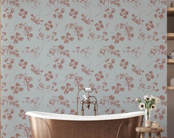 Muted Blue Gray Botanical Wallpaper with Earthen Terracotta Florals for Organic Contemporary Wall Decor
