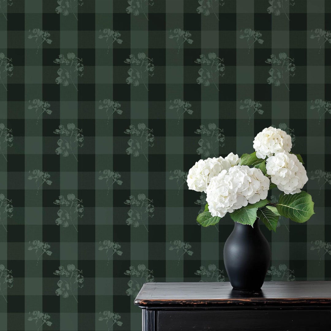 Moody Forest Green Floral Buffalo Plaid Wallpaper for Modern Farmhouse ...