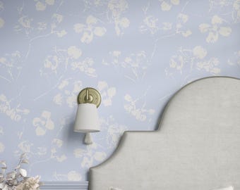 Pastel Powder Blue Floral Wallpaper for Light French Country Cottage Room Decor
