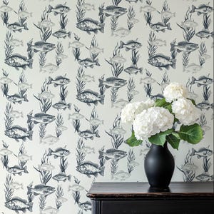 Navy Gray Toile Fish Wallpaper: Modern Coastal Lake-house Peel and Stick, Pre-pasted or Non-pasted Wallpaper