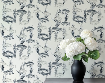 Navy Gray Toile Fish Wallpaper: Modern Coastal Lake-house Peel and Stick, Pre-pasted or Non-pasted Wallpaper