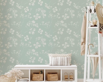 Misty Green Floral Wallpaper for Airy Coastal or French Country Cottage Wall Decor