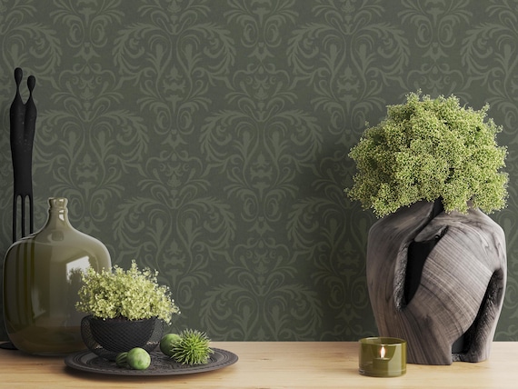 Dark Green Damask Wallpaper: Moody Victorian Peel and Stick, Pre-pasted
