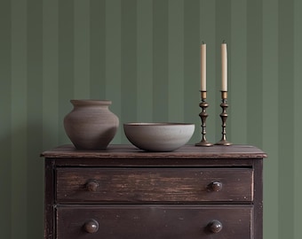 Papel pintado a rayas anchas verde oscuro estilo cabaña: sencillo, minimalista y autoadhesivo, con o sin cola.