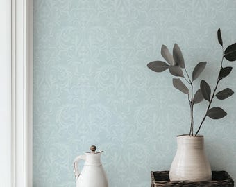 Papel pintado damasco azul claro: estilo shabby chic ornamentado, autoadhesivo y preencolado.