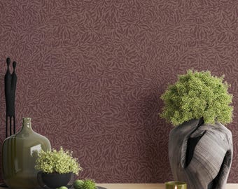 Papel pintado botánico con hojas en tonos joya burdeos: estilo campestre inglés oscuro y melancólico, autoadhesivo y preencolado.