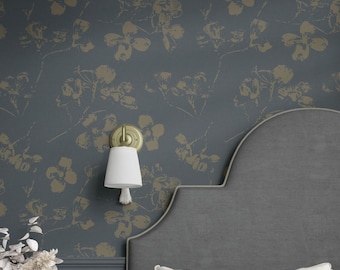 Moody Dark Botanical Wallpaper in Navy Blue and Muted Gold for a Organic Modern Room Decor