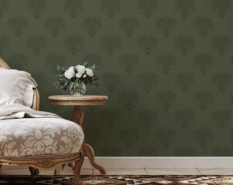 Olive Green Wheat Damask Wallpaper, Moody Vintage Victorian Powder Room Wall Decor