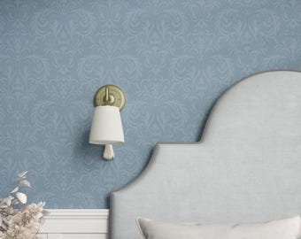 Dusty Blue French Country Damask Wallpaper: Shabby Chic Style Peel and Stick