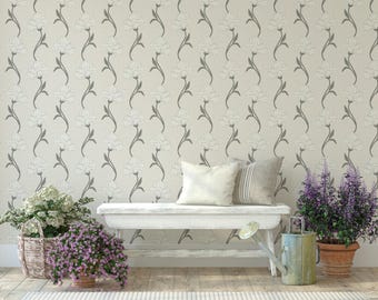 Neutral Floral Wallpaper: Beige Cottage Style Botanical Peel and Stick, Pre-pasted