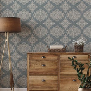 Blue Victorian Floral Damask Wallpaper: French Country Peel and Stick, Pre-pasted or Traditional Non-pasted Wallpaper
