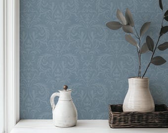 Dusty Blue French Country Damask Wallpaper: Shabby Chic Style Peel and Stick, Pre-pasted