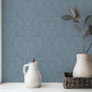 Dusty Blue French Country Damask Wallpaper, Peel and Stick or Pre-pasted Wallpaper for Renter Friendly Shabby Chic Style Decor