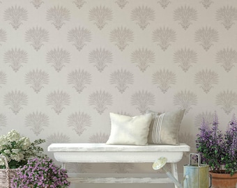 Neutral Botanical Farmhouse Wallpaper with a Beige Wheat Damask Design for Country Kitchen Decor
