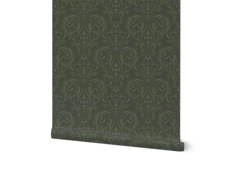Papel pintado damasco verde oscuro: estilo victoriano sombrío, autoadhesivo y preencolado. imagen 5