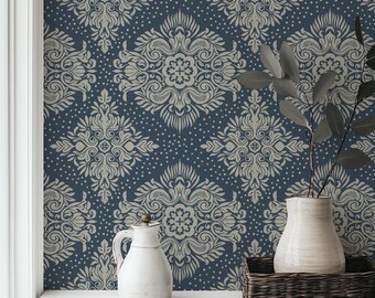 Papel pintado victoriano de damasco azul marino oscuro: estilo campestre francés, autoadhesivo y preencolado.