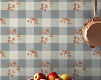 Dusty Blue Gingham Wallpaper with Terracotta Florals for Cozy Cottage-core and Farmhouse Accent Walls