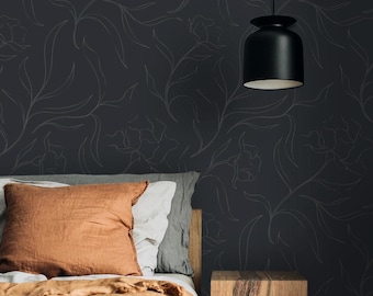 Donker botanisch behang, zwarte peel-and-stick, vooraf geplakt voor een humeurige organische moderne accentmuur