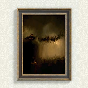 An 1800s oil painting portrait digital art print of Santa Claus and his reindeer, vintage holiday decor with a moody aesthetic