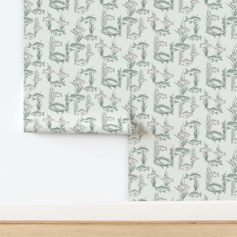 Fish Neutral Neutral Green Fish Toile Wallpaper: Fishing Themed Peel and Stick, Pre ...