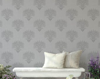 Silver Gray Wheat Damask Wallpaper, Neutral Botanical Farmhouse Wall Decor