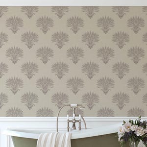 Neutralna beżowa tapeta z motywem damasceńskiej pszenicy, ciepła, francuska, rustykalna dekoracja ścienna w stylu botanicznym