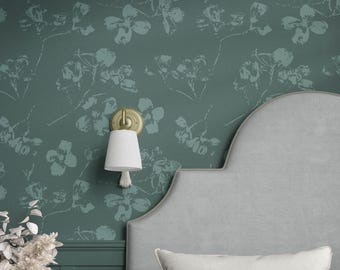 Teal Green Botanical Wallpaper with Rustic Abstract Florals for Moody Organic Room Decor